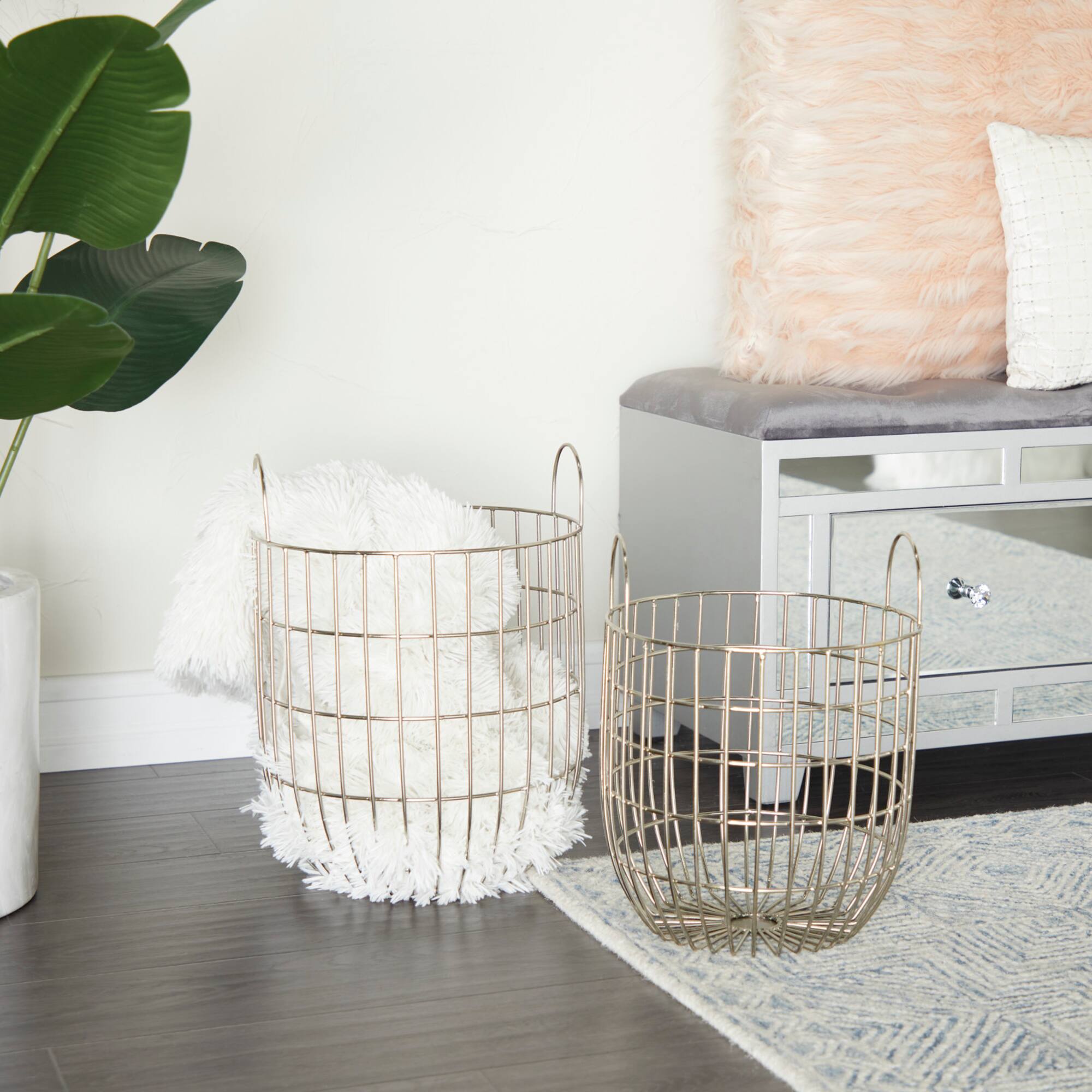 Set of 2 Silver Iron Contemporary Storage Basket, 17" x 13" x 13"